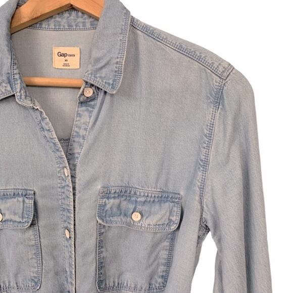 GAP Patch Pocket Shirt Dress XS Chambray Classic Retro Normcore Western Office - Picture 8 of 16